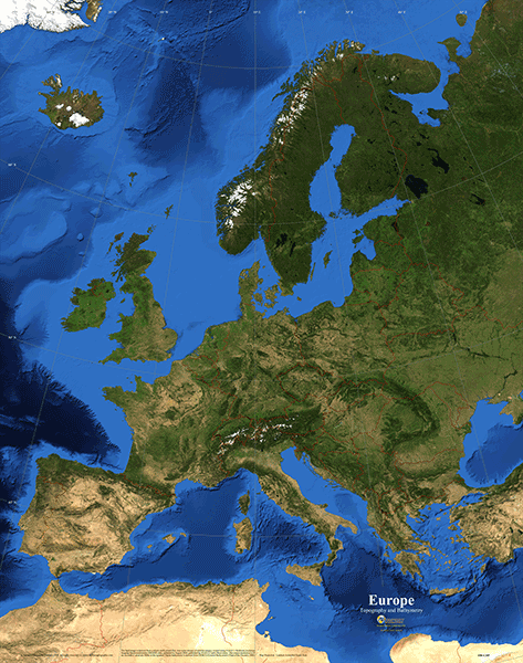 Europe Topography and Bathymetry Wall Map