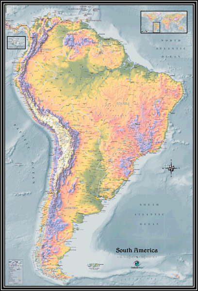 South America Physical Wall Map