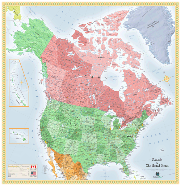 USA and Canada Wall Map