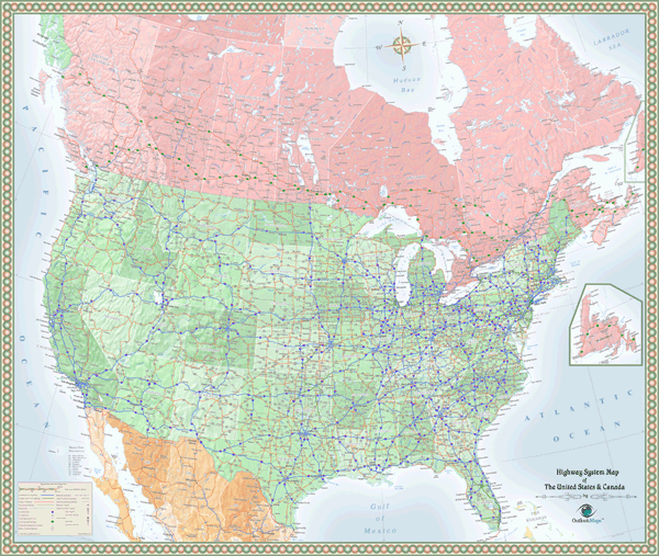 Canada and USA Highway Wall Map