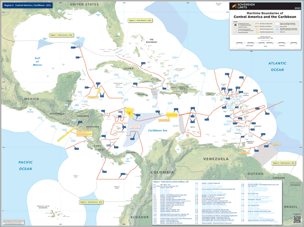 Maritime boundaries of Central America and the Caribbean Wall Map