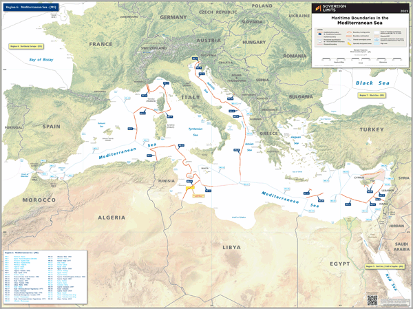 Maritime boundaries of the Mediterranean Sea Wall Map