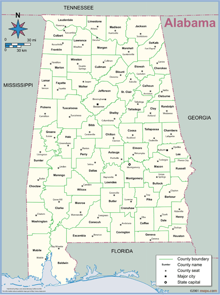 Alabama County Outline Wall Map