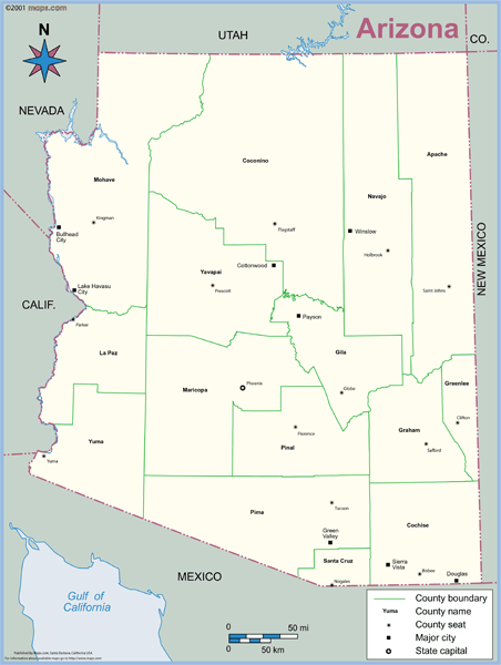 Arizona County Outline Wall Map