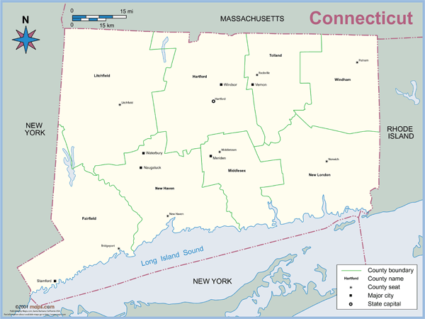 Connecticut County Outline Wall Map