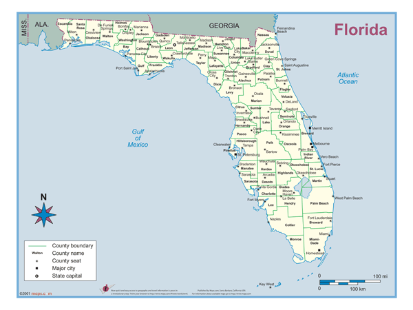 Florida County Outline Wall Map