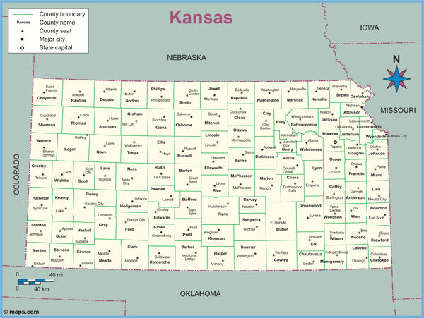 Kansas County Outline Wall Map