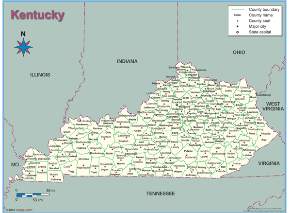 Kentucky County Outline Wall Map