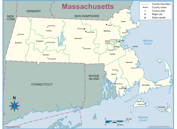 Massachusetts County Outline Wall Map