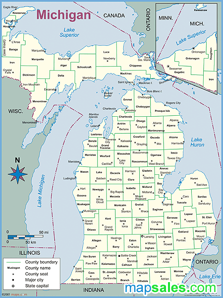 Michigan County Outline Wall Map