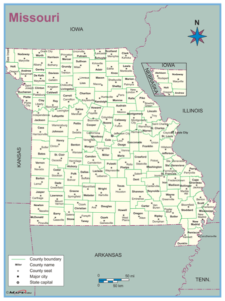 Missouri County Outline Wall Map