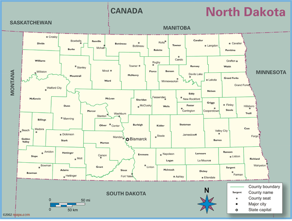 North Dakota County Outline Wall Map