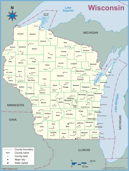 Wisconsin County Outline Wall Map