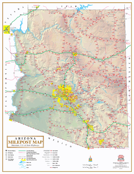 Arizona Milepost Interstate Wall Map