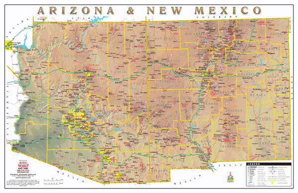Arizona and New Mexico Physical Wall Map