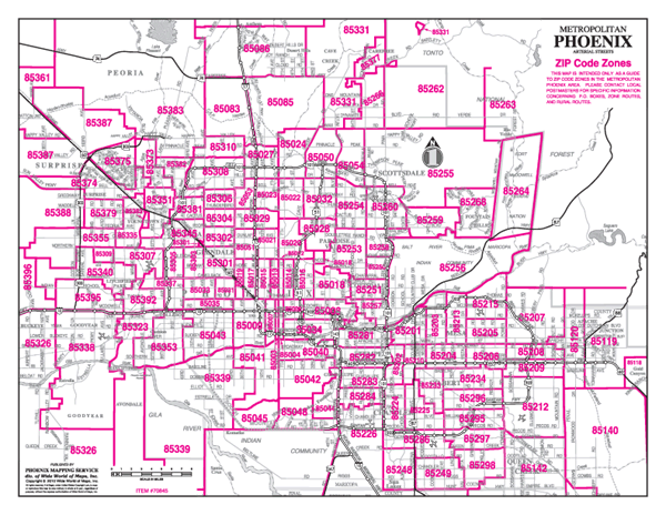 Phoenix Metropolitan Arterial Streets Zip Code Wall Map