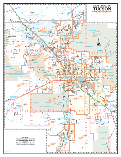 Tuscon Metropolitan Arterial and Collector Streets Zip Code Wall Map